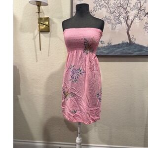 Tiki Palm Pink Smocked Tube Dress Butterfly Floral‎ Embroidered Rayon L